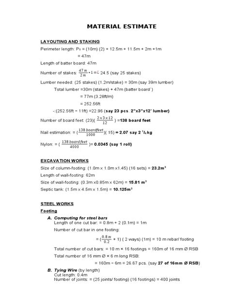 Material Estimate: Layouting and Staking .